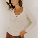  Beige Lace Neckline Button Decor Lettuce Edge Long Sleeve Ribbed Top