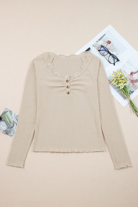 Beige Lace Neckline Button Decor Lettuce Edge Long Sleeve Ribbed Top
