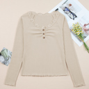  Beige Lace Neckline Button Decor Lettuce Edge Long Sleeve Ribbed Top