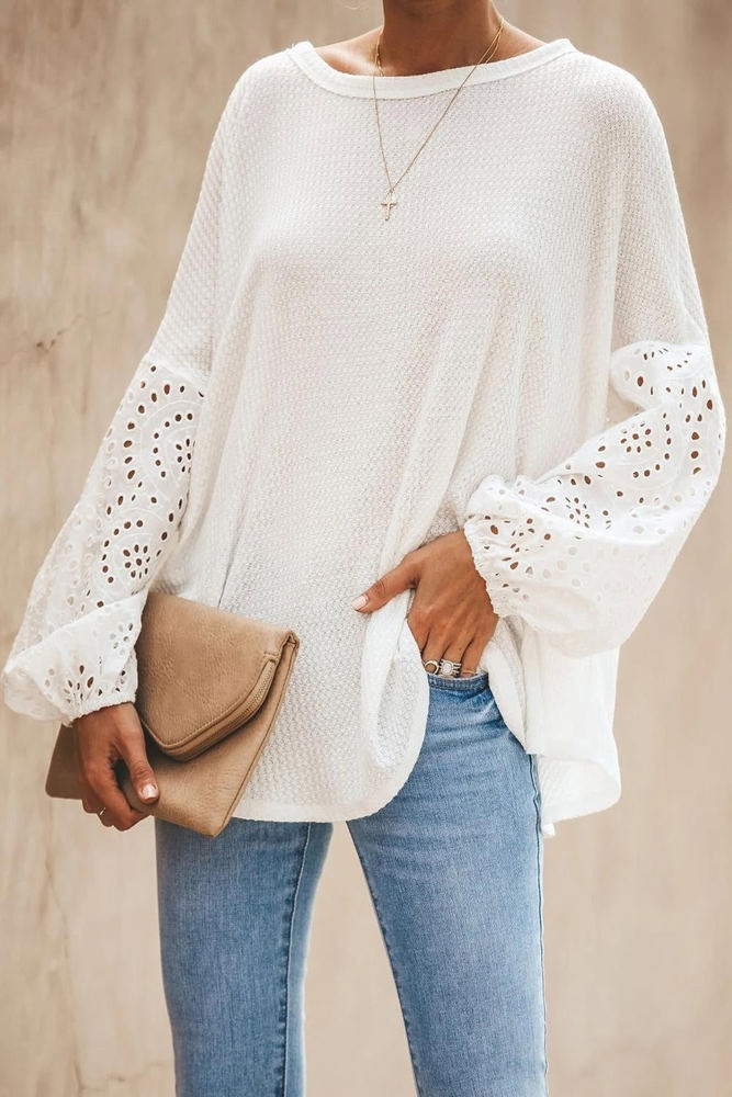 Waffle Eyelet Puff Sleeve Top