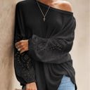 Small Black Waffle Eyelet Puff Sleeve Top