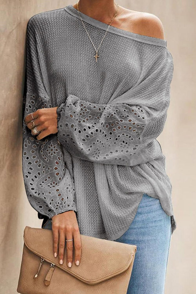 Waffle Eyelet Puff Sleeve Top