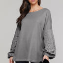 Small Gray Waffle Eyelet Puff Sleeve Top