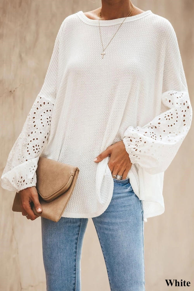 Waffle Eyelet Puff Sleeve Top