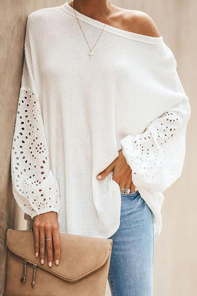 Waffle Eyelet Puff Sleeve Top