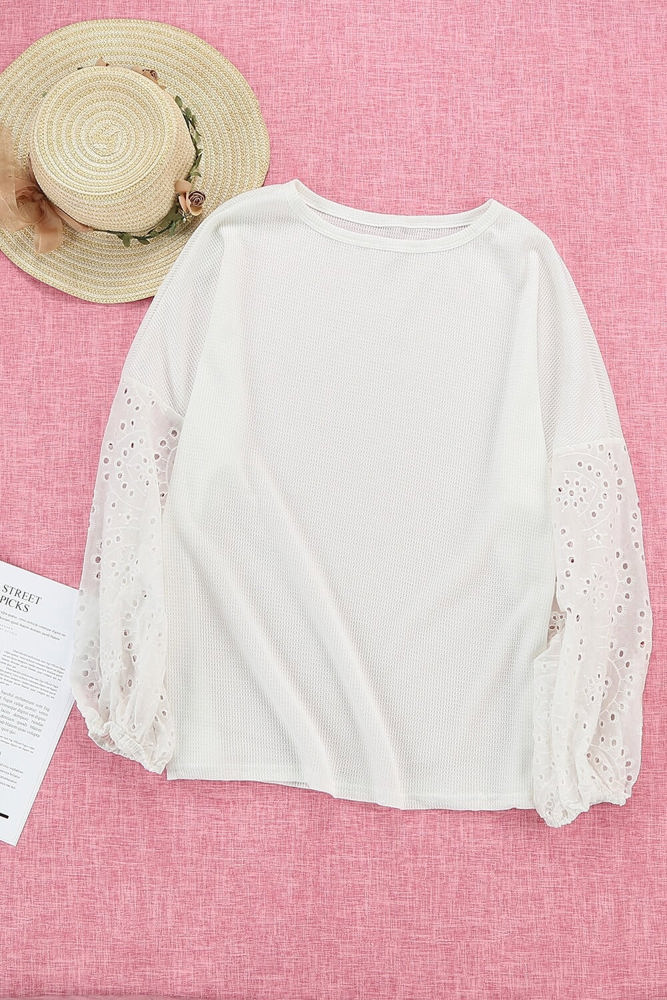 Waffle Eyelet Puff Sleeve Top