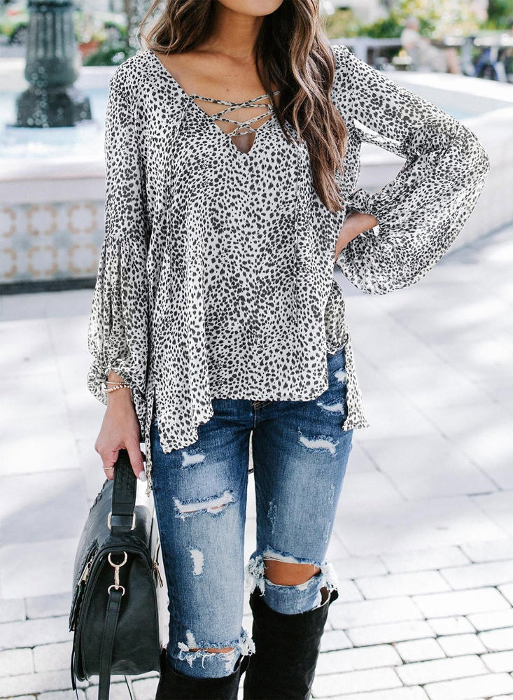 Balloon Sleeve Lace Up Top