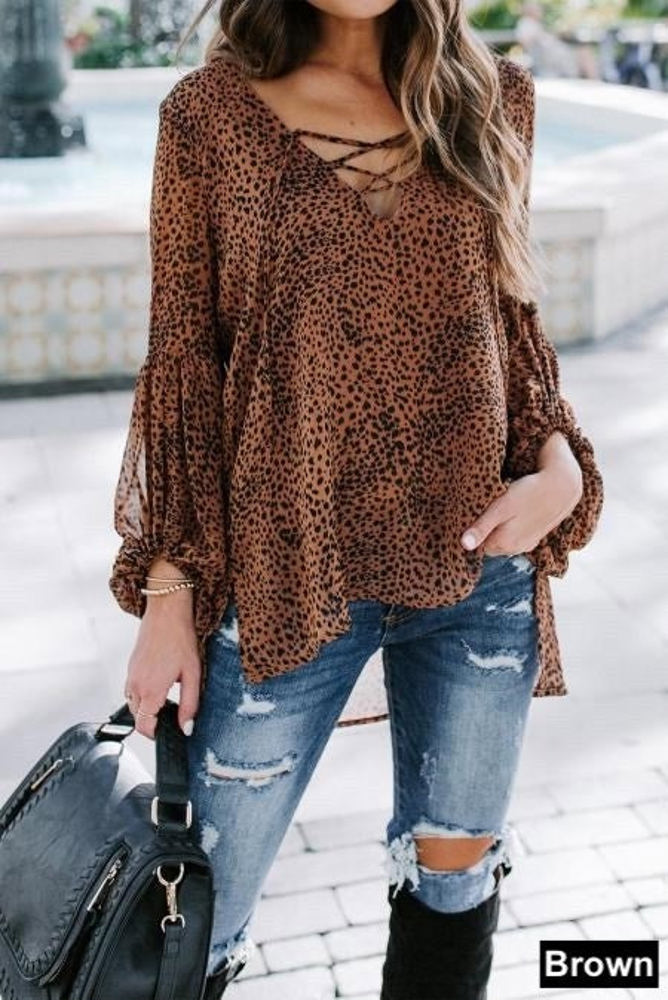 Balloon Sleeve Lace Up Top