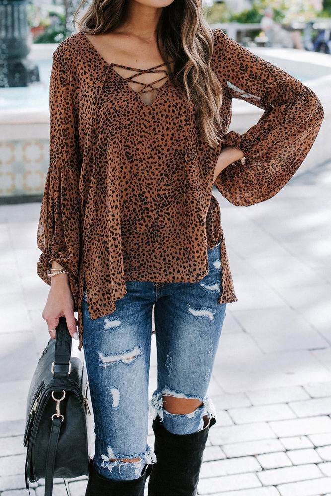 Balloon Sleeve Lace Up Top