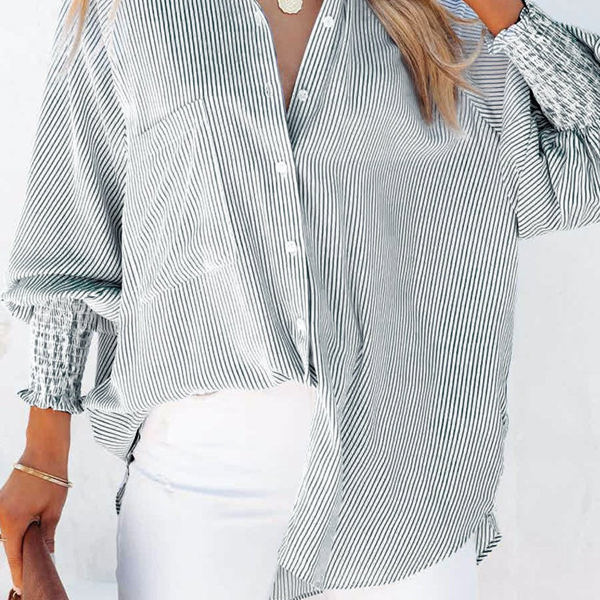 Striped Smocked Sleeve Buttoned Shirt