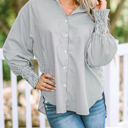  Striped Smocked Sleeve Buttoned Shirt