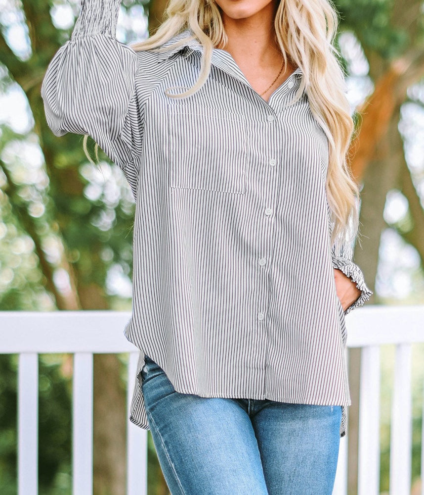 Striped Smocked Sleeve Buttoned Shirt