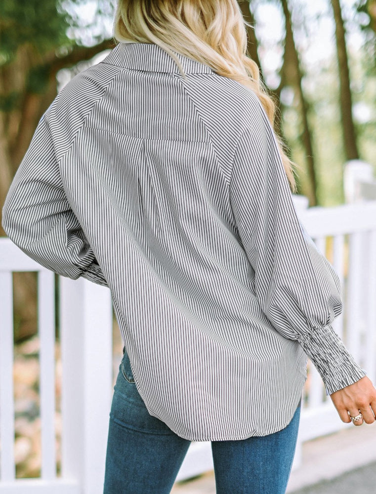 Striped Smocked Sleeve Buttoned Shirt