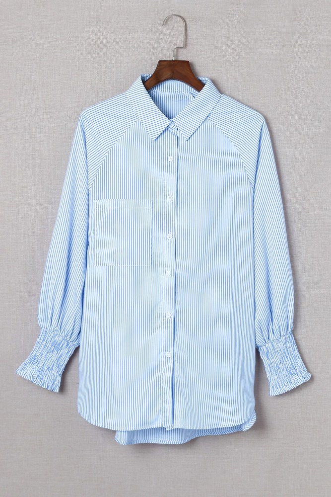 Striped Smocked Sleeve Buttoned Shirt