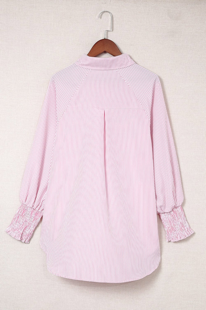 Striped Smocked Sleeve Buttoned Shirt