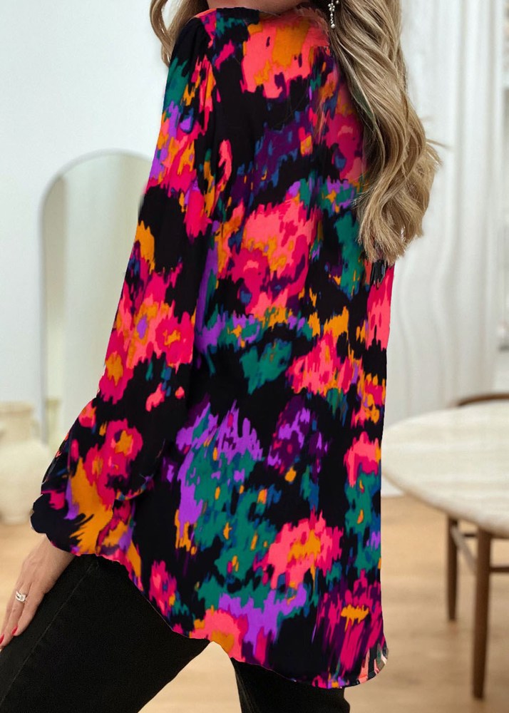 Painterly V-Neck Bubble Sleeve Top