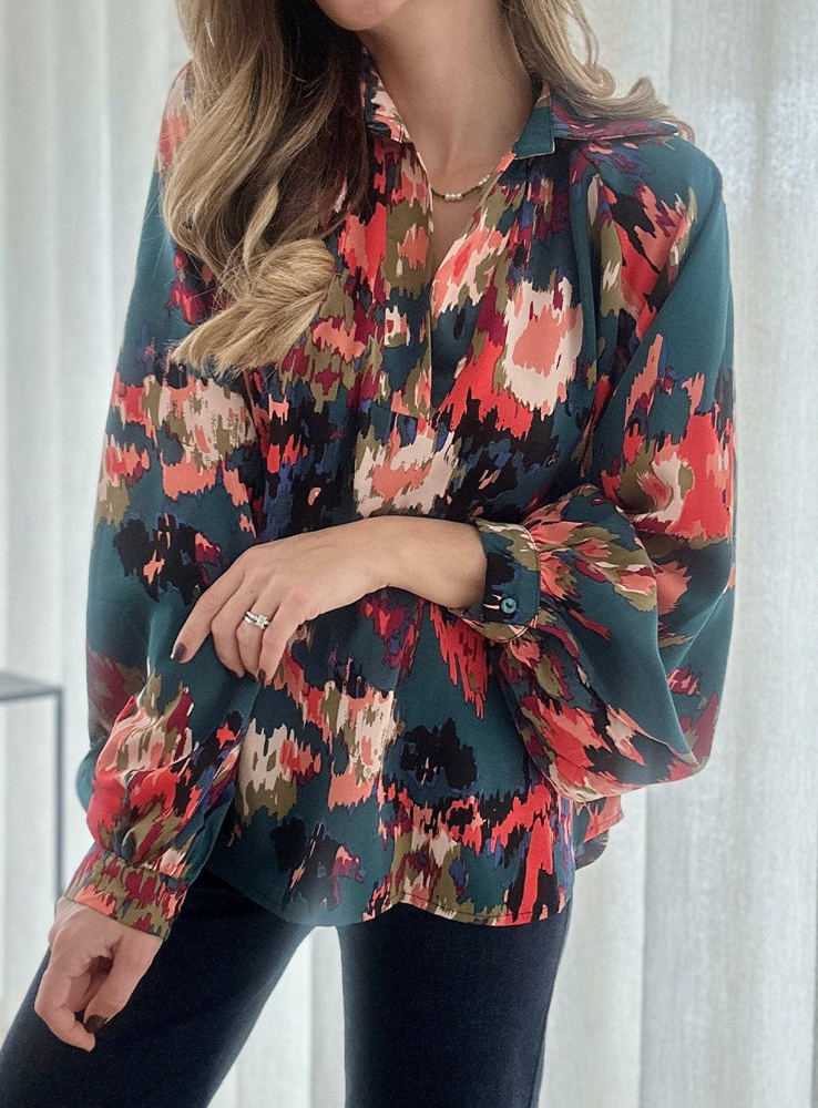 Painterly V-Neck Bubble Sleeve Top