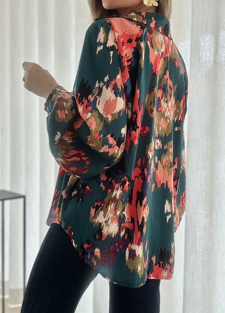 Painterly V-Neck Bubble Sleeve Top