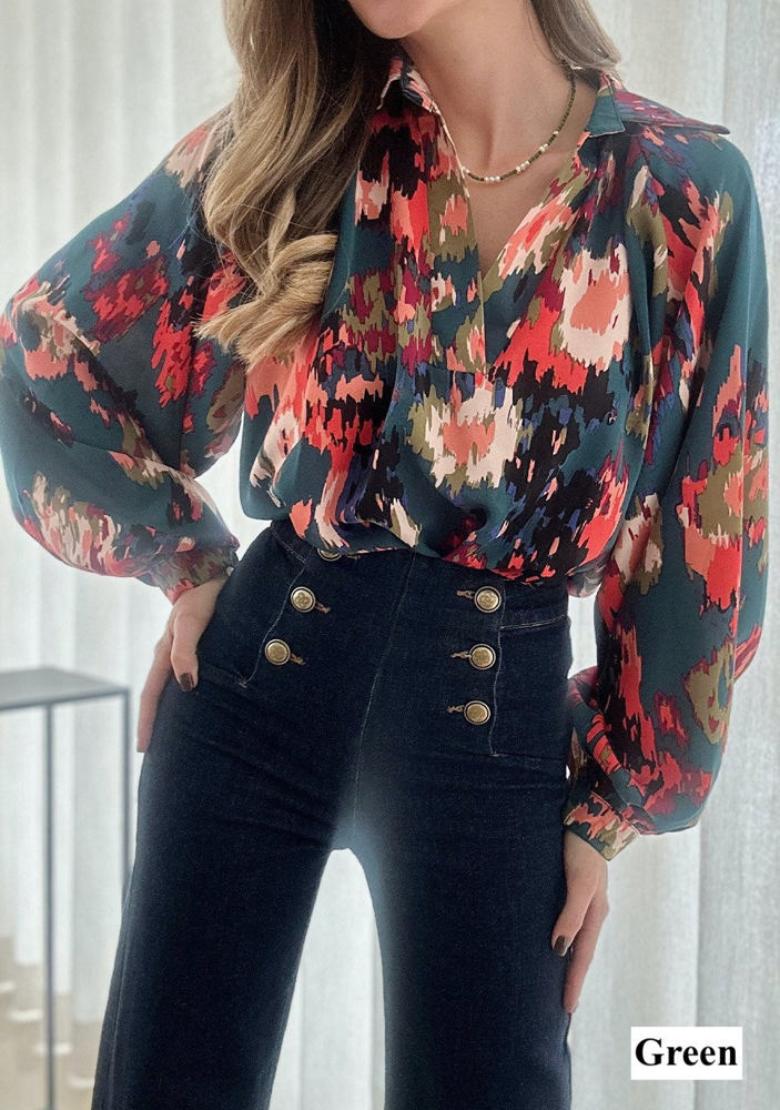 Painterly V-Neck Bubble Sleeve Top