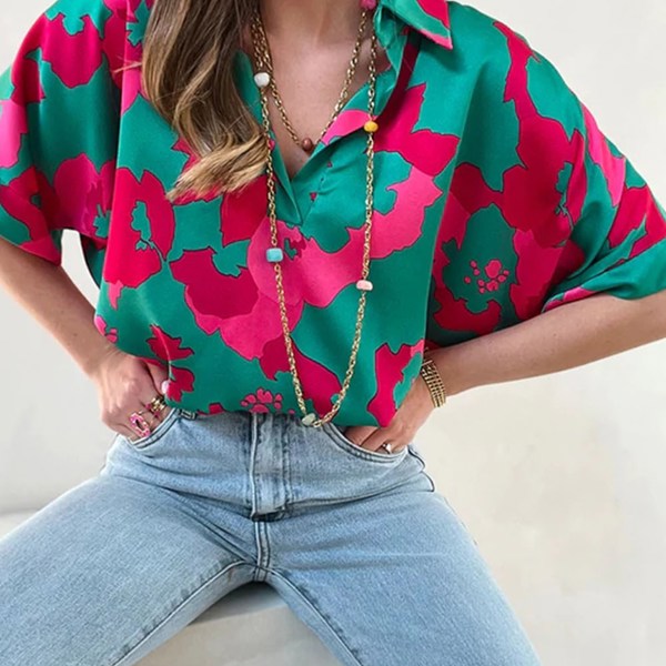 Abstract Floral Print Collared Blouse Top