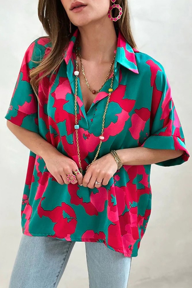 Abstract Floral Print Collared Blouse Top