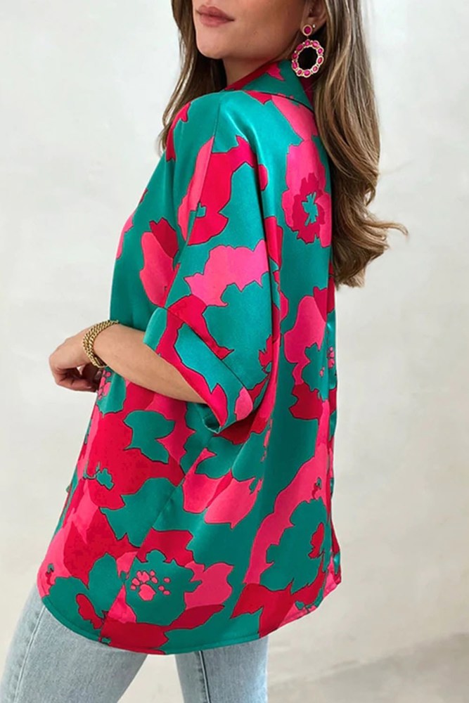 Abstract Floral Print Collared Blouse Top