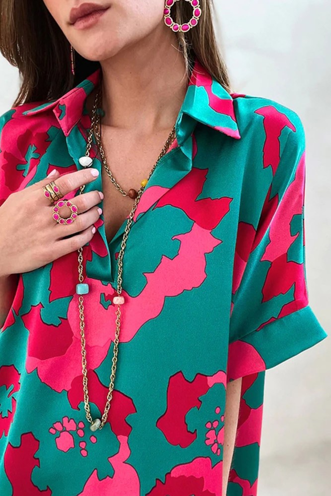 Abstract Floral Print Collared Blouse Top