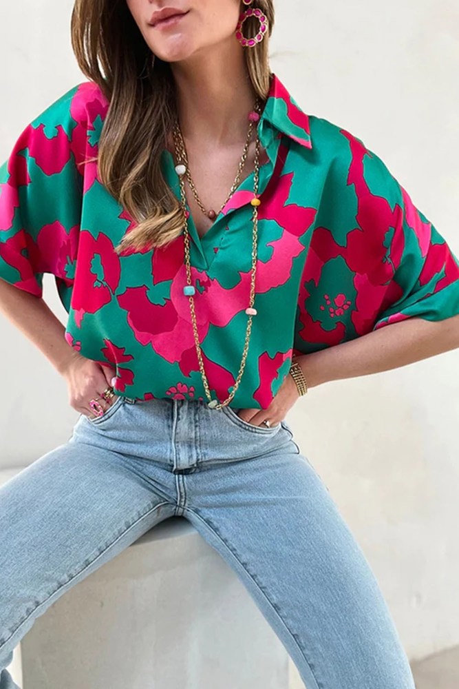 Abstract Floral Print Collared Blouse Top