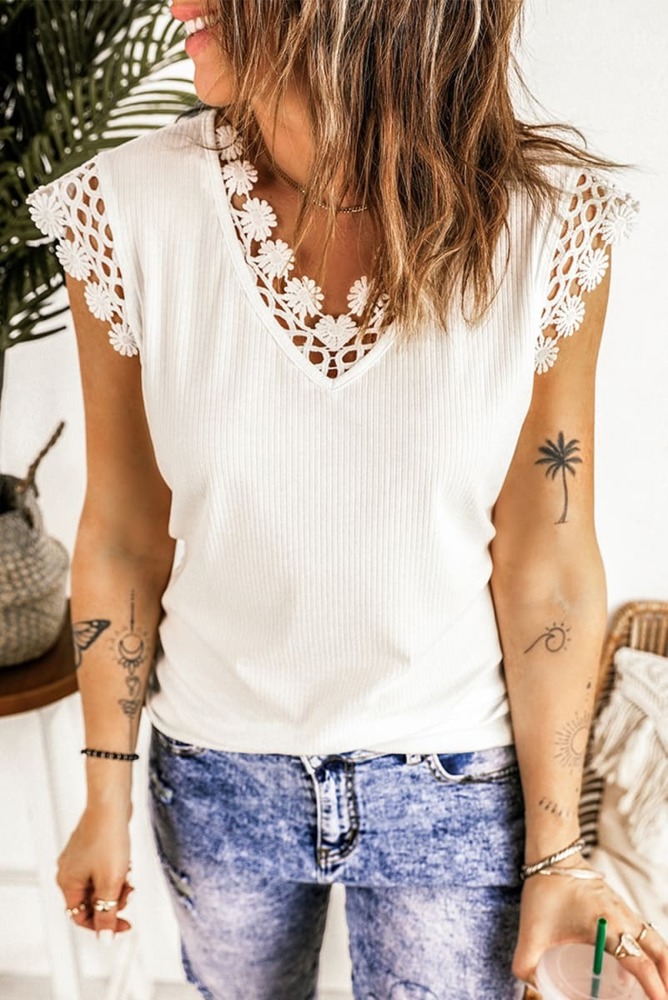 Crochet Trimmed Ribbed Top