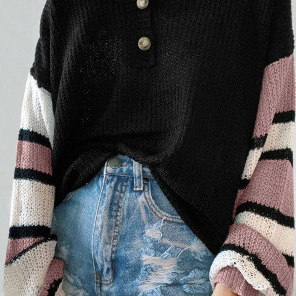 Striped Sleeve Drop Shoulder Knit Top