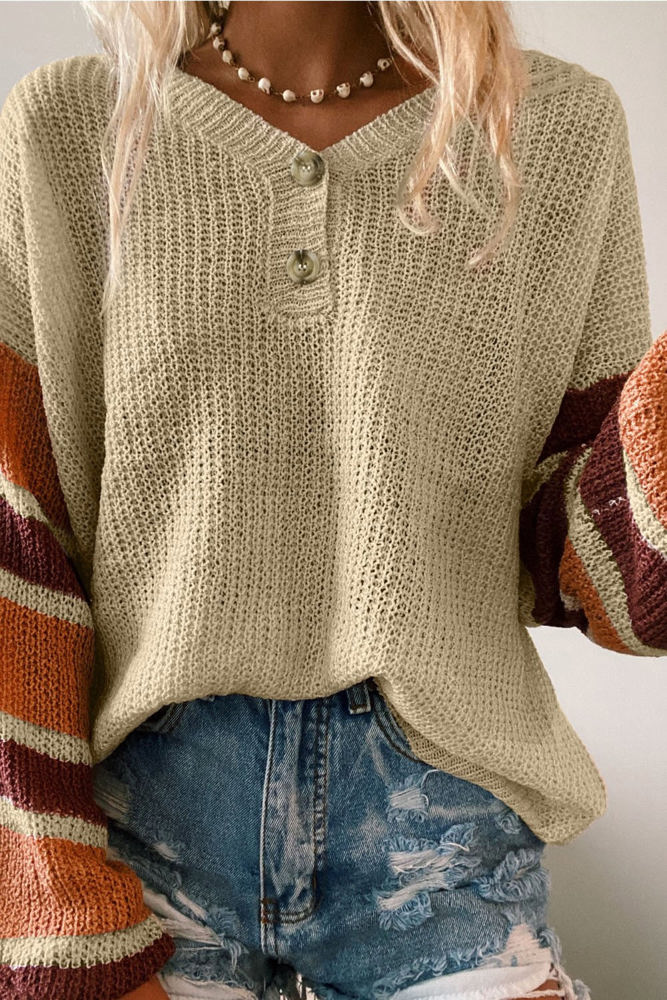 Striped Sleeve Drop Shoulder Knit Top