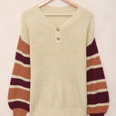 Large Apricot Striped Sleeve Drop Shoulder Knit Top