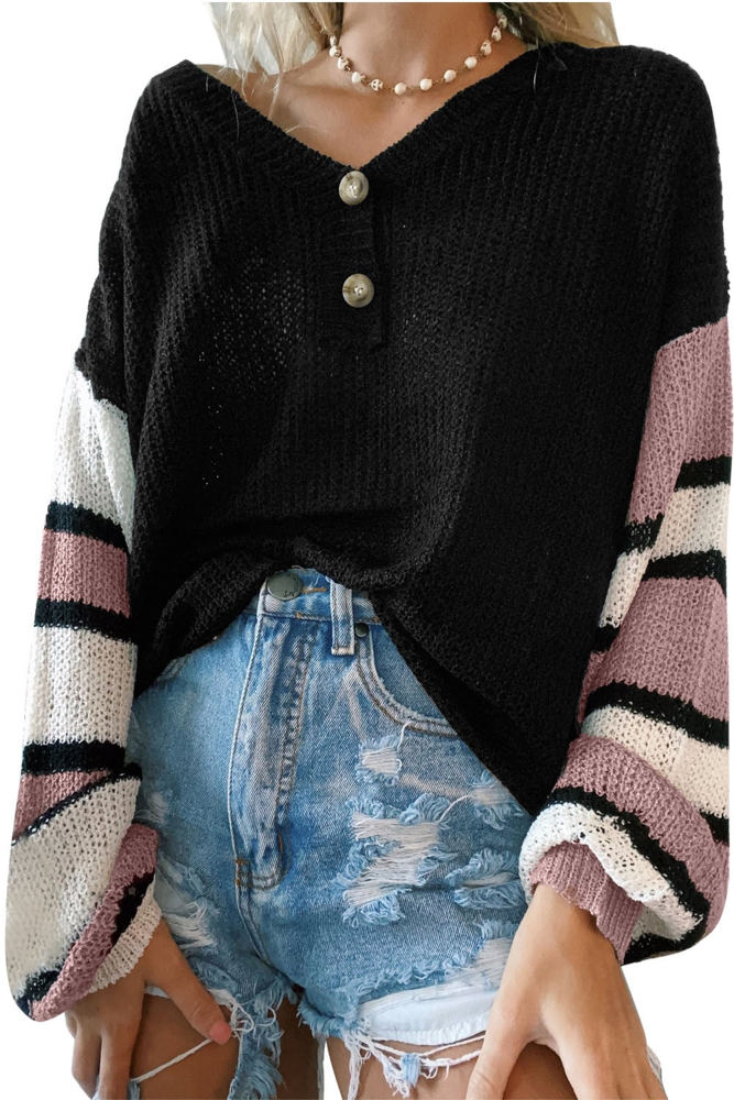 Striped Sleeve Drop Shoulder Knit Top