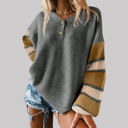 Large Gray Striped Sleeve Drop Shoulder Knit Top