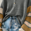 Large Gray Striped Sleeve Drop Shoulder Knit Top