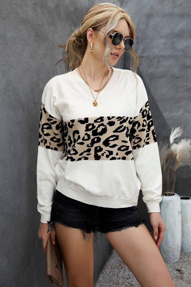 Leopard Colorblock V-Neck Top