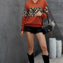 Large Red Leopard Colorblock V-Neck Top