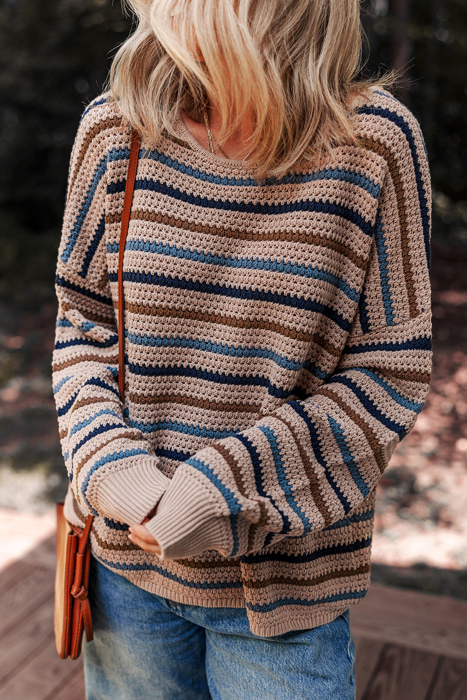 Multicolour Striped Knitted Drop Shoulder Round Neck Sweater