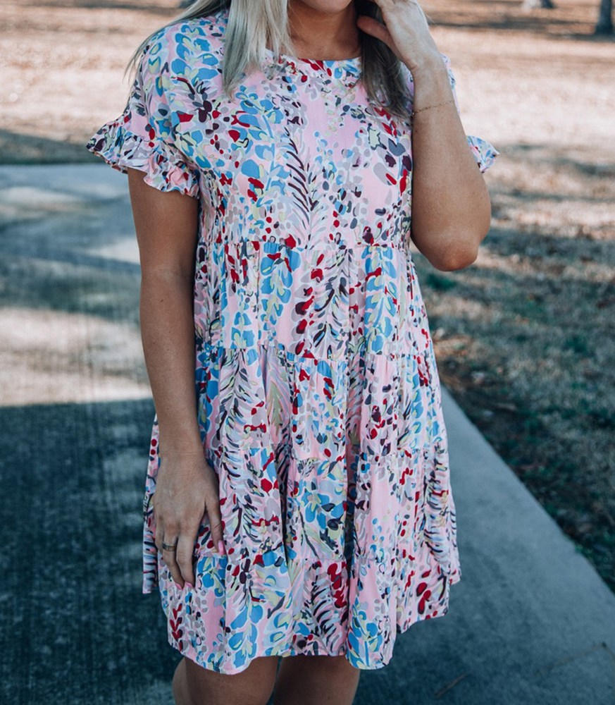 Ruffled Sleeve Tiered Floral Dress