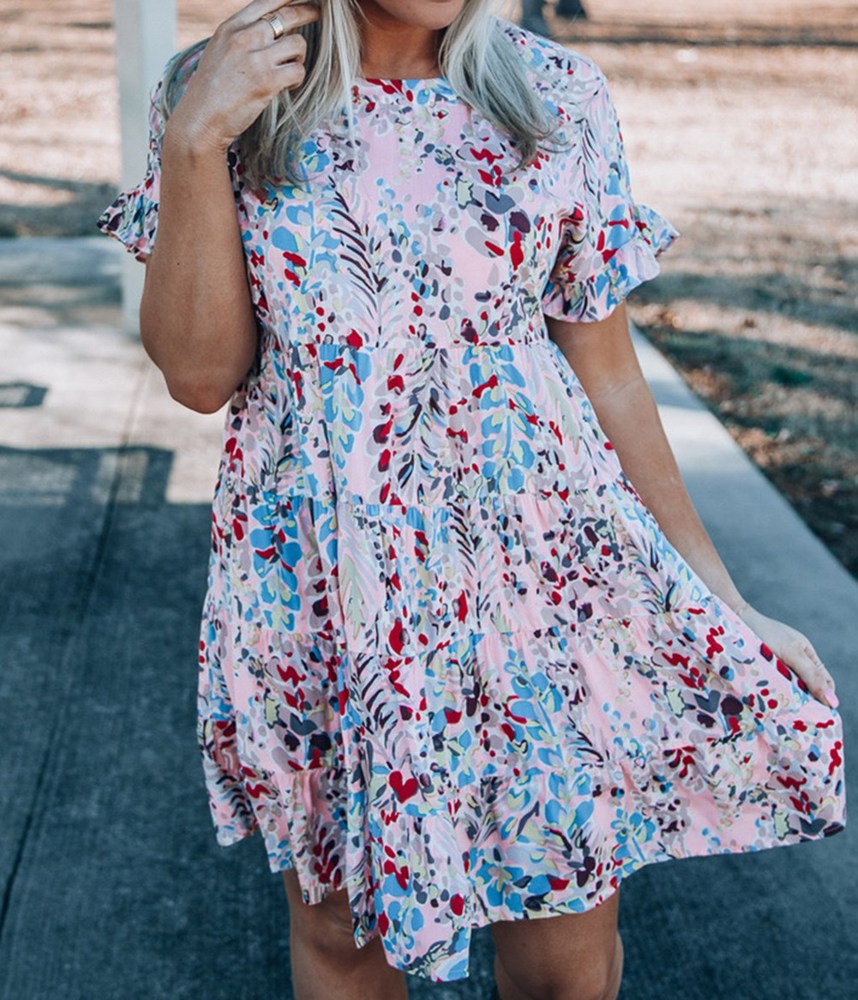 Ruffled Sleeve Tiered Floral Dress