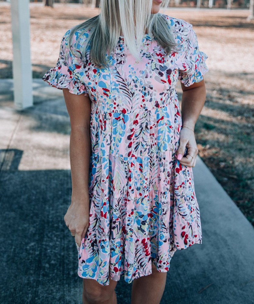 Ruffled Sleeve Tiered Floral Dress