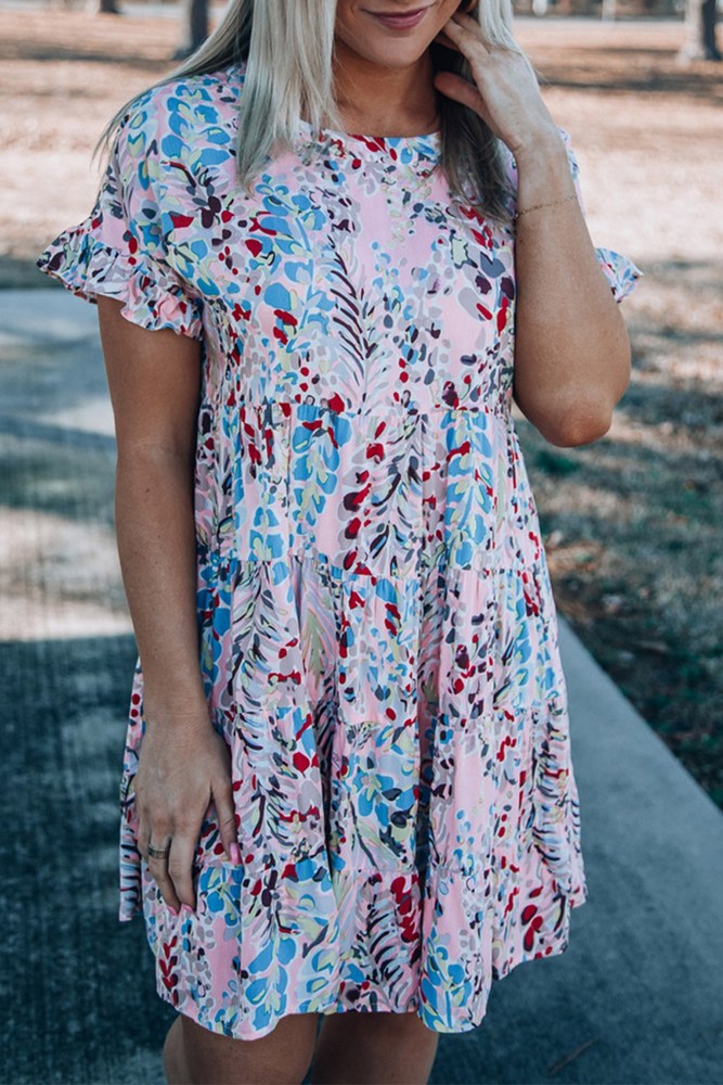 Ruffled Sleeve Tiered Floral Dress