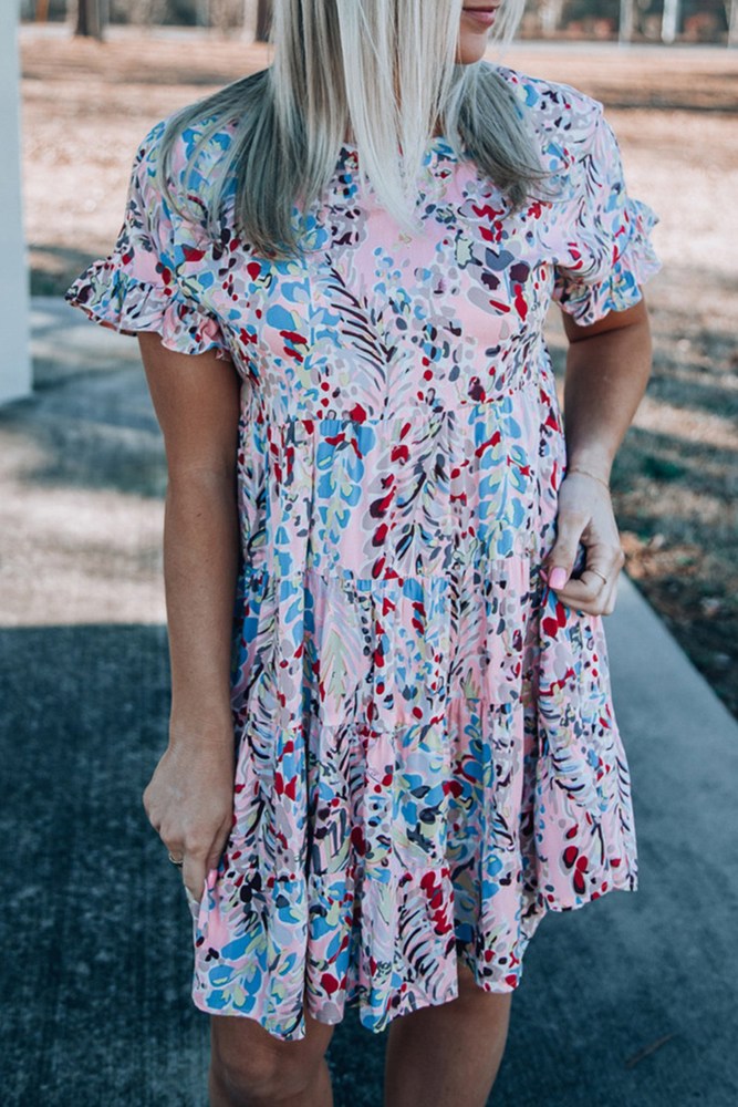 Ruffled Sleeve Tiered Floral Dress