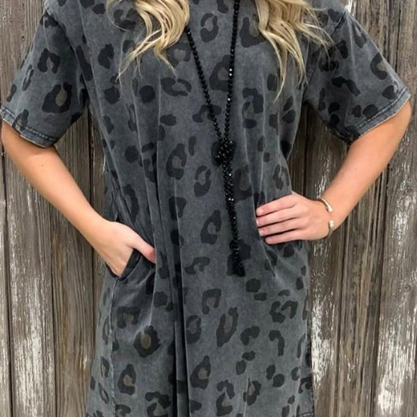 Vintage Stone Wash Leopard Pocket Mini Dress