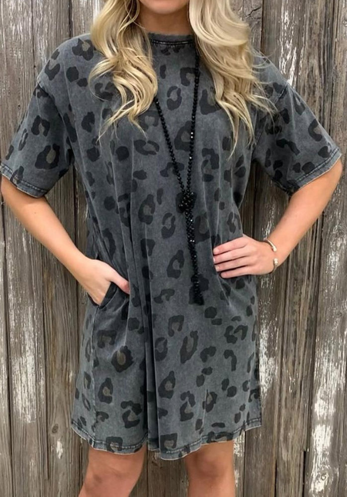 Vintage Stone Wash Leopard Pocket Mini Dress