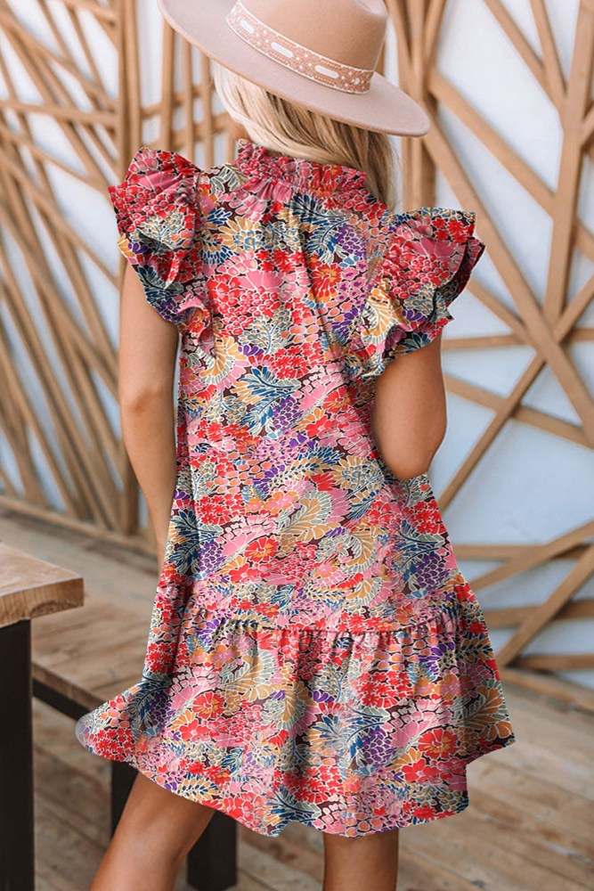 All Over Floral Ruffled v Neck Dress