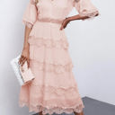 Medium Pink Tier Lace Midi Dress