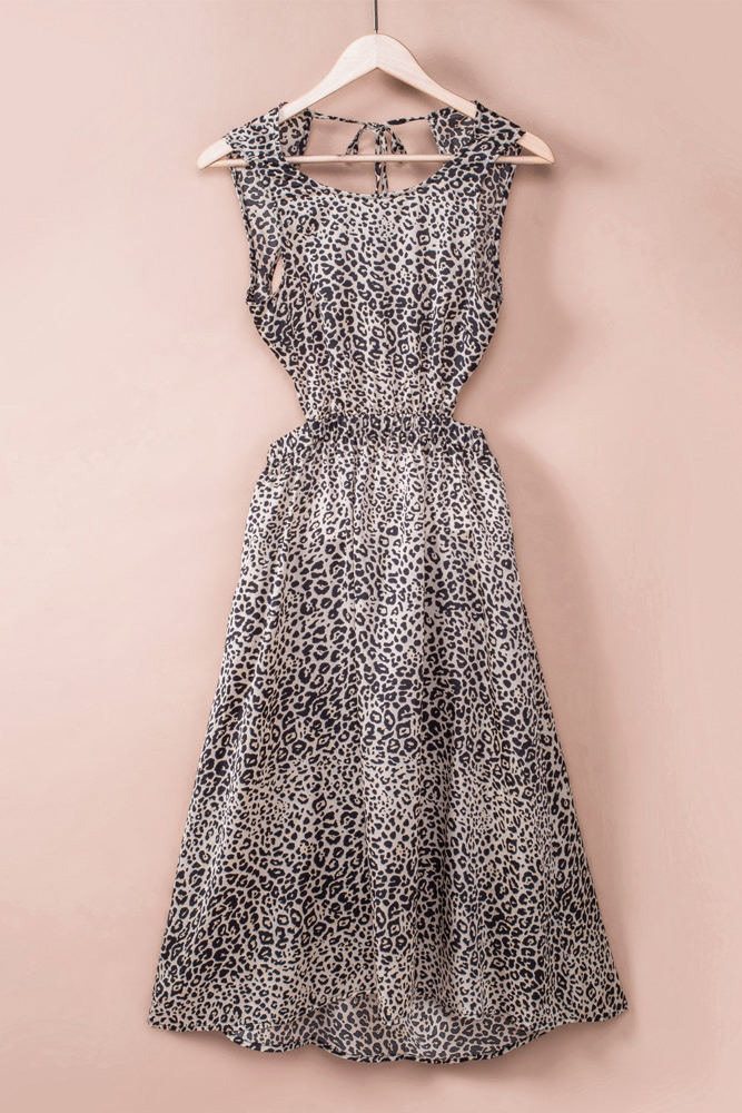 Open Back Tassel Leopard Midi Dress