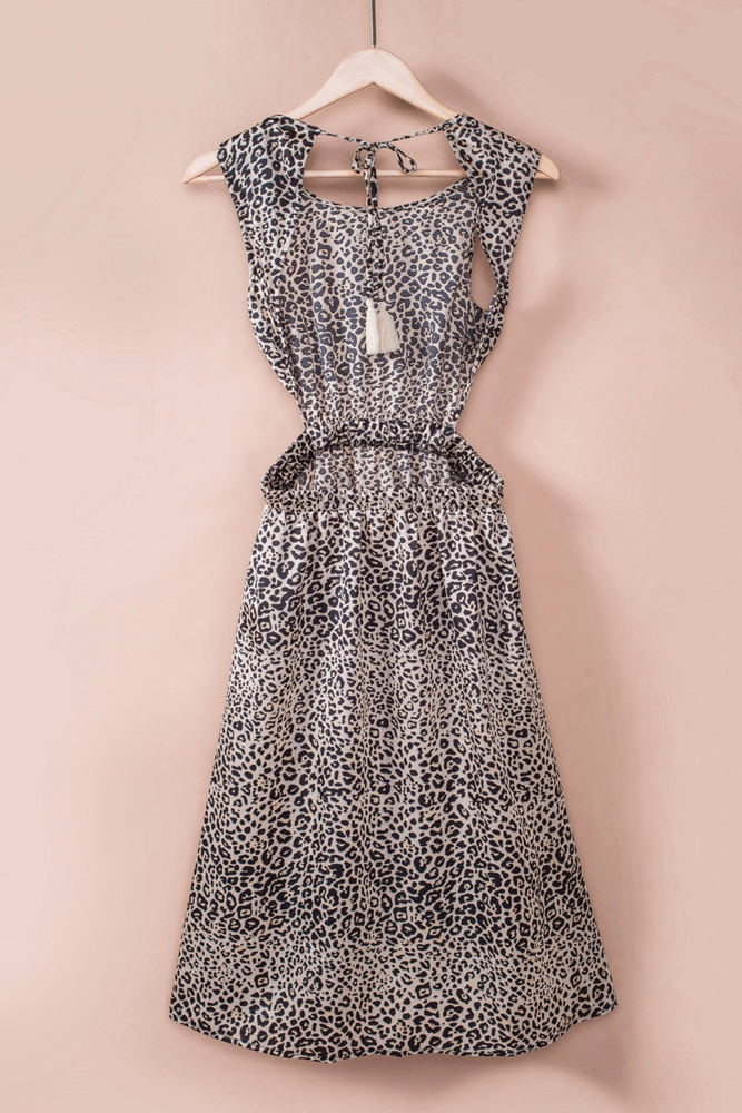 Open Back Tassel Leopard Midi Dress