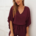 Large Wine Cascading Sleeve Romper